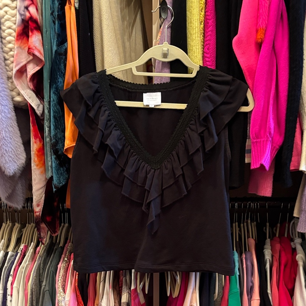 Sundays Black Ruffle V-Neck Blouse